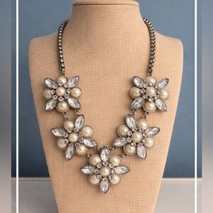 Pearl Crystal Floral Statement Necklace Silver Tone